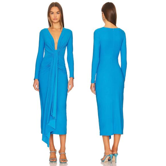 Solace London Lorena Midi Dress Ruched Knotted Draped Long Sleeve Azure Size 2 - Picture 1 of 12